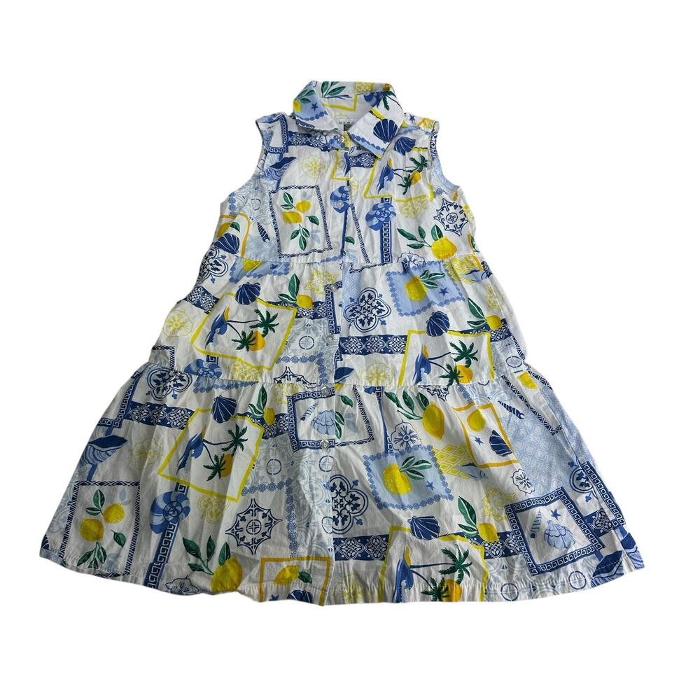 Sleeveless Blue & Yellow Lemon Print Tiered Casual Dress for Kids